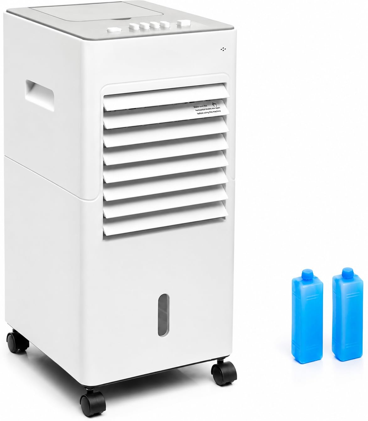Condizionatore evaporativo portatile, 5 litri, 3 velocità, doppio serbatoio rimovibile, blocchi refrigeranti, filtro lavabile, ruote girevoli a 360°, flusso d'aria orientabile, silenziatore ≤65 dB, 65