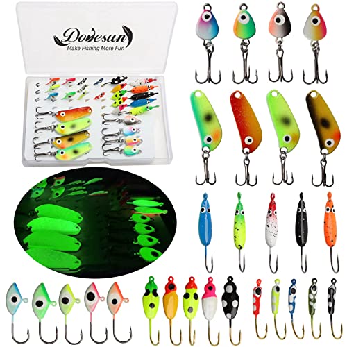 Dovesun Ice Fishing Jigs Ice Fishing Lures Jig Heads Walleye Fishing Lures Crappie Jigs Glow in Dark-Ice Fishing Jigs with Storage Box 28pcs