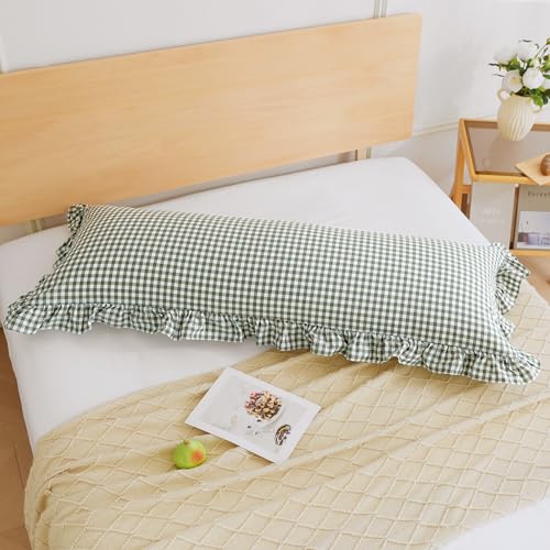 20x54 inches Ruffles Sage Green/White Plaid Body Pillow Cover with Zipper, 1 Pcs Rustic Washed Cotton Farmhouse Checkered Gingham Long Pillow Cases for Bed/Sofa