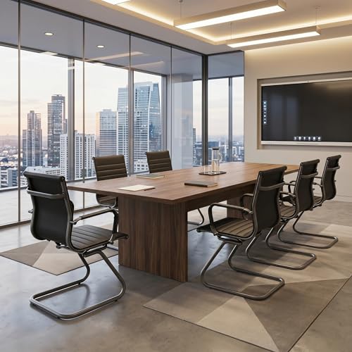 Image of HNY Leather Office Guest Chairs & Reception Chairs Set of 6, Modern Waiting Room Chairs with Arms, Desk Chair no Wheels with Sled Base for Waiting Room /Conference Room, Retro Black
