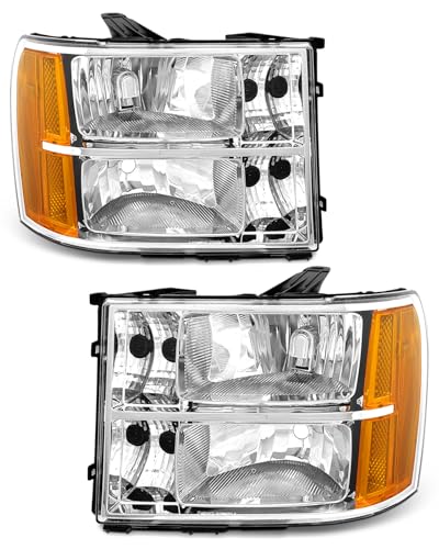 Headlight Assembly compatible with 07-13 GMC Sierra 1500/07-14 GMC Sierra 2500HD 3500HD for 2007-2014 Sierra Headlamp Chrome Housing Headlamp Replacement Driver and Passenger SidesW/O Bulbs