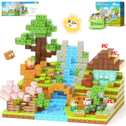 Image of 200PCS 0.8 inch Magnetic STEM Building Blocks Creative Fun for Kids Boys Girls | Mine Magnet World Building Crafts, Sensory Toys Learning Game for Kids Ages 3-5 5-7 8-12 Year Old - Garden Wonderland Playset