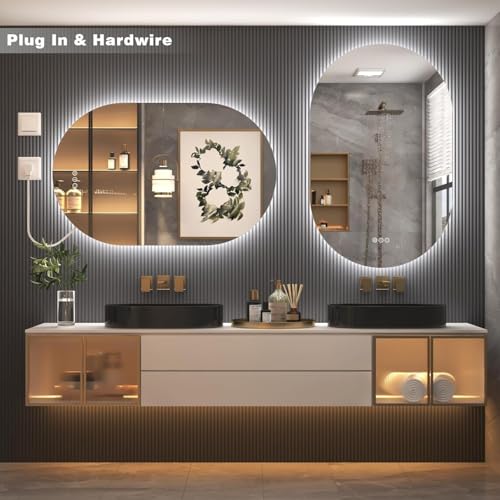 Image of ALFA Design Oval Backlit LED Bathroom Mirror, Pill-Shaped Lighted Vanity Mirror with Lights for Wall, Dimmable, 3 Colors Lighting, Memory Function (Horizontal /Vertical) Oval Backlite 24 x 18 inch