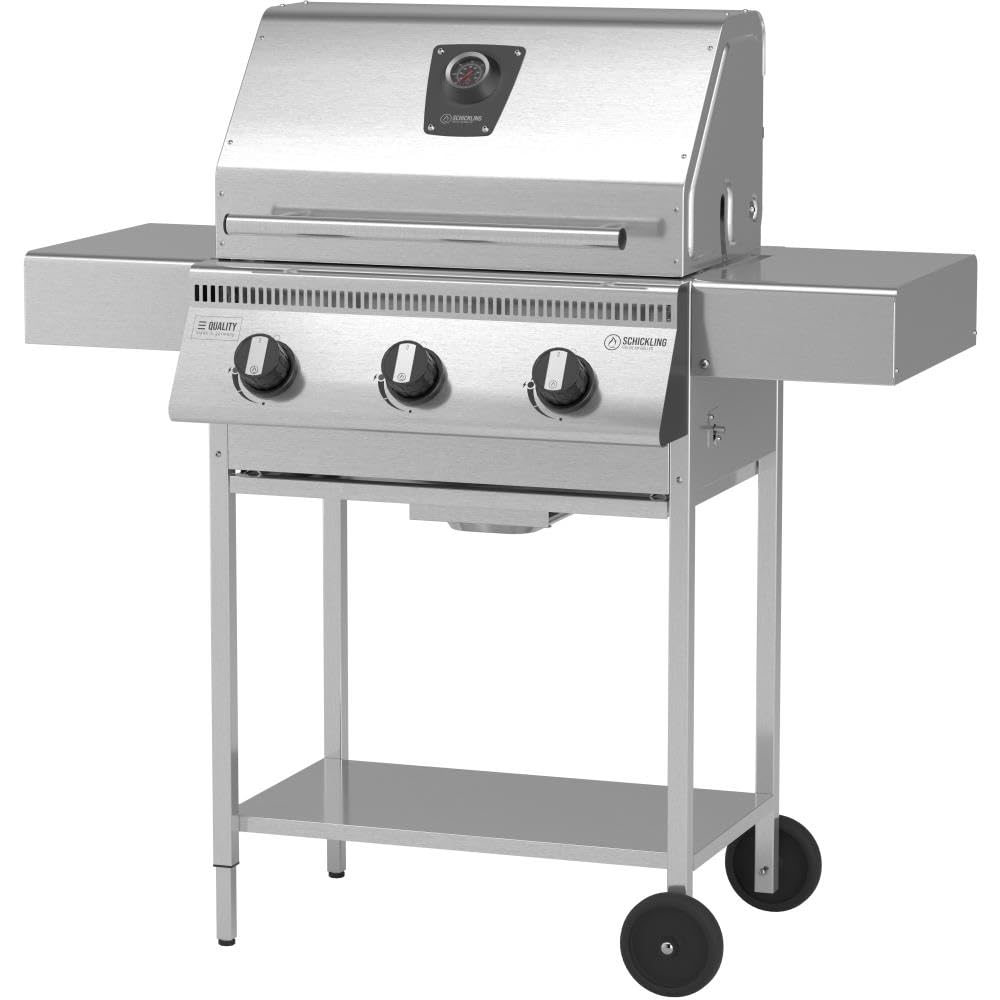 Schickling Gasgrill "Henry L - Classic" Premium BBQ Grillwagen komplett aus Edelstahl mit 3 Brennern & Doppelwandigem Deckel – Made in Germany: 3-teiliger Grillrost | Grillfläche: 55 x 33 cm