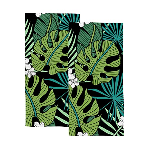 Tsingza Hand Bath Towels Set Of 2 Green Monstera Leaf Soft Microfiber Dish Towels Tropical Palm Leaves Black Absorbent Quick Dry Face Fingertip Towels For Kitchen Bathroom Gym Sports 30X15 Inch #TOP7