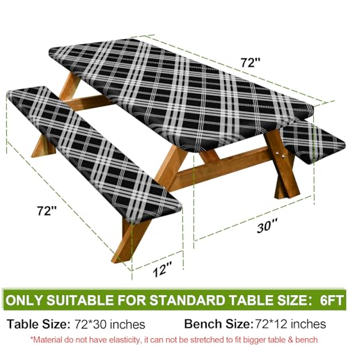 Image of Picnic Table Cover with Bench Covers 6FT 3 Pcs Waterproof Windproof Aesthetic Camping Tablecloth with Drawstring Bag, Fitted for 6 Foot Rectangle Tables and Seats, 72 inch, Black Grey Checkered