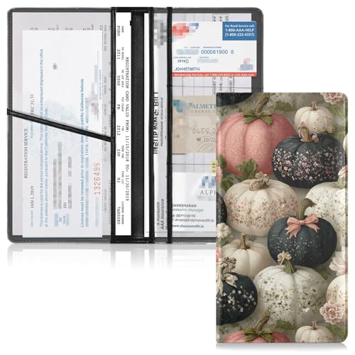 Car Registration and Insurance Holders Floral Pumpkins Print, PU Leather for License Documents Cards