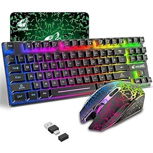 Wireless Gaming Keyboard and Mouse Combo with 87 Key Rainbow LED Backlight Rechargeable 3800mAh Battery Mechanical Feel Anti-ghosting Ergonomic Waterproof RGB Mute Mice for Computer PC Gamer (Black)