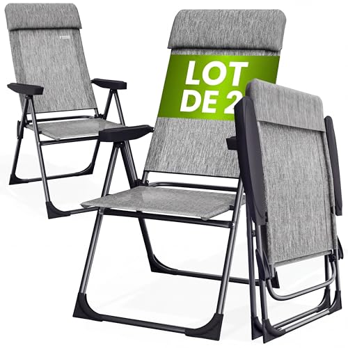Casaria® 2X Chaises de Jardin Pliantes Gris Chiné en Aluminium avec accoudoirs Dossier réglable...