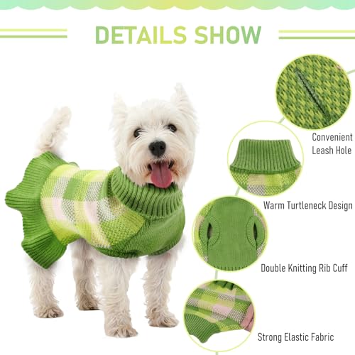 Image of Dog Sweater Dress Plaid Knitwear for Small Medium Dogs Warm Puppy Pet Turtleneck Stretch Pullover Cute Fall Winter Vest Clothes with Leash Hole for Christmas (Green, L)