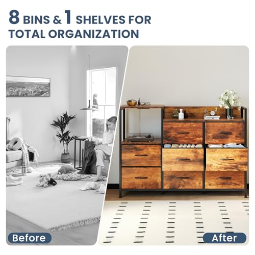 Image of DUMOS TV Stand Dresser with 8 Fabric Drawers & Open Shelves, TV Stand with Wooden Top, Entertainment Center with Charging Station for Living Room, Hallway, Rust