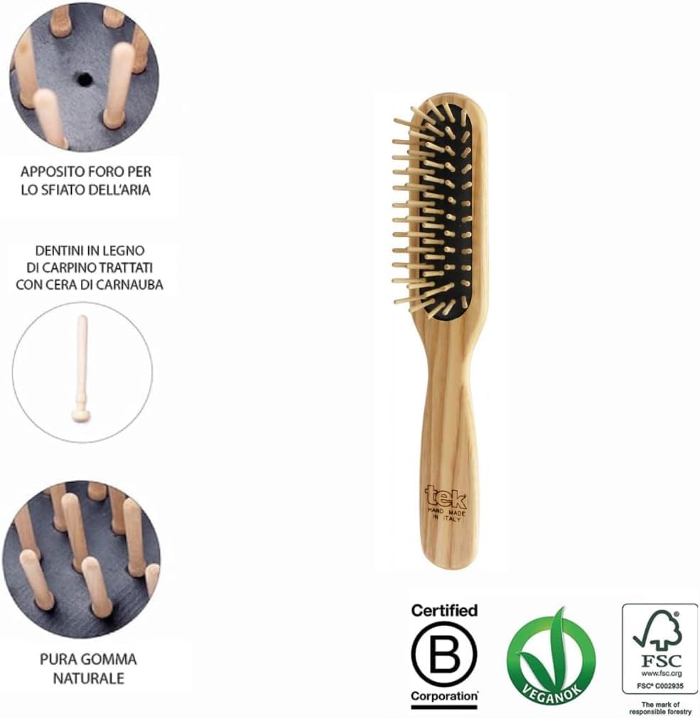 TEK - Hair Pleasure Set, Kit Spazzola e Pettine In Legno, Denti Di Ricambio Inclusi, Set Per La Cura Dei Capelli, Naturale e Artigianale, Perfetto Per Capelli Corti