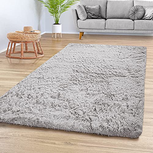 TT Home Teppich Wohnzimmer Hochflor Langflor Weich Soft Modernes Einfarbiges Design, Farbe: Grau Silber, Größe:120x170 cm TT Home Teppich Wohnzimmer Hochflor Langflor Weich Soft Modernes Einfarbiges Design, Farbe: Grau Silber, Größe:120x170 cm