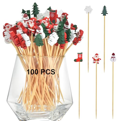 ALINK 100 pinchos de cóctel de Navidad, pinchos de madera para comida con dedos, 12 cm, muñeco de nieve, pinchos de cóctel, brochetas de fruta de bambú para calcetines de Navidad, brochetas de frutas