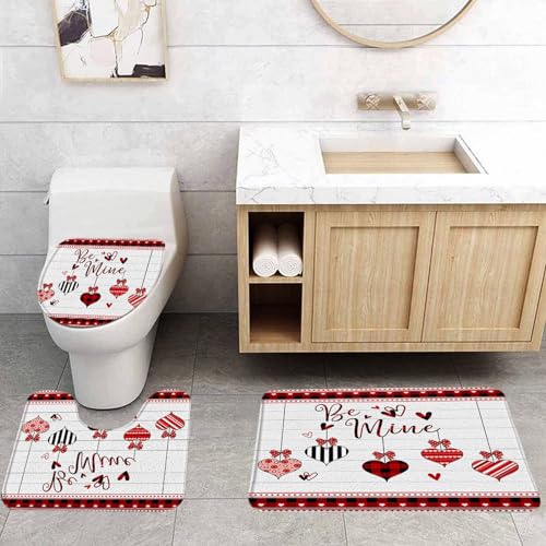 VPUPCN Valentine's Day 3 Pcs Bath Rugs Set,Buffalo Check Plaid Red Heart Romantic Love Sweet Couple Retro Cute Bathroom Kitchen Rug with 17.8
