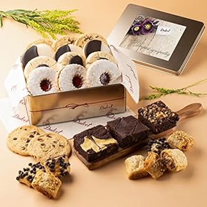 Dulcet Gift Baskets Sympathy & “Thinking Of You” Tin Box- Delicious Gourmet Confection Gift Set – Freshly Baked Chocolate Chip Cookies, Fudge Brownies, Linzer, Chinese Holiday Candy, Rugelah.
