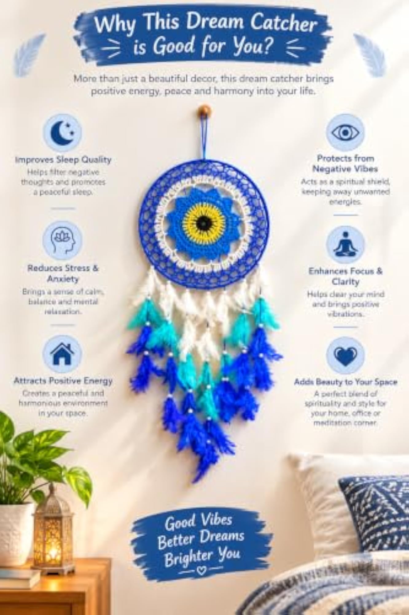 Handmade Blue & White Dream Catcher Wall Hanging