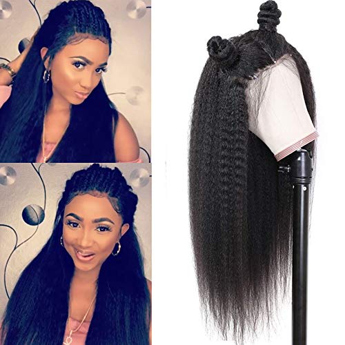 Kinky Straight Human Hair Wig 13X4 Lace Front Wig Pre Plucked Bleached Knots Yaki Wig For Women 9A Grade Ear To Ear With Baby Hair Brazilian Virgin Hair Raw Remy Hair Natural Black 16 Inch