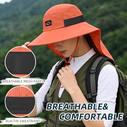 Image of Rosoz Outdoor Sun Hat for Men Women, UPF50+ Protection Safari Cap Wide Brim Mesh Fishing Hat with Neck Flap Beach Garden