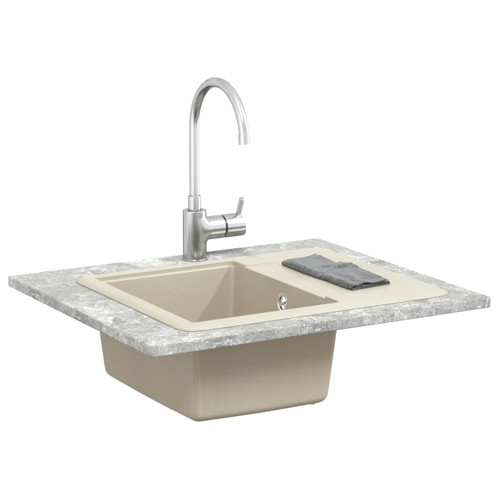Lavabo Beige 560 x 460 mm de 80% cuarzo y 20% resina de granito Fregadero de cocina empotrable con juego de accesorios y filtro de desagüe, resistente al calor, resistente a los arañazos