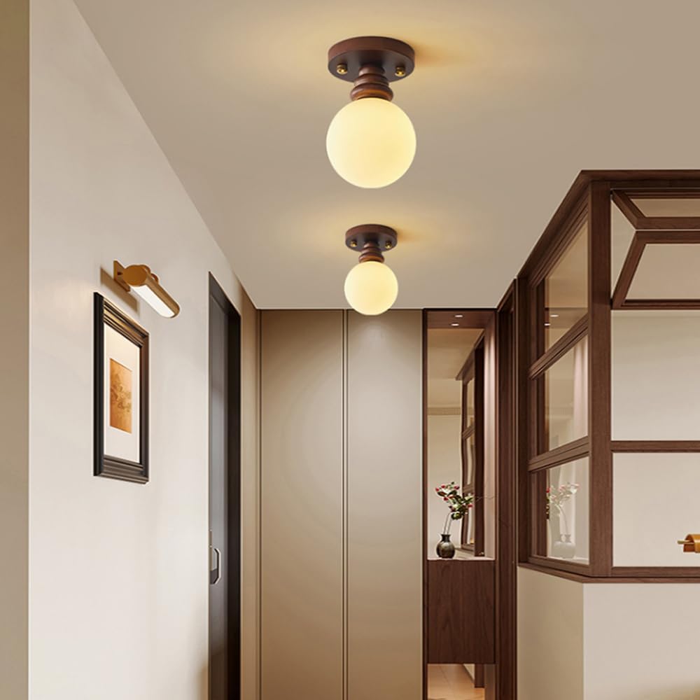 Rustykalna lampa sufitowa z półpłaskim kloszem, szklany klosz do lampy wiszącej, oświetlenie rustykalne, drewniany żyrandol sufitowy do przedpokoju, przedpokoju, kuchni i szafy