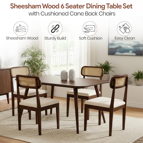 Image of WOODLAB Solid Sheesham Wood 4 Seater Dining Table Set | Wooden Four Seater Dining Table with Cushioned Cane Back Chairs Furniture for Living Room, Home, Hotel and Restaurants - Walnut Finish