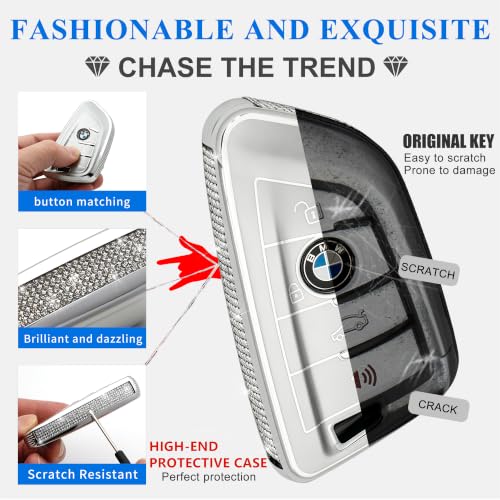 Image of Creativity For BMW X5 Key cover and Key chain accessories (Grey set) | TPU key box with Rhinestones is compatible with F30 F45 F55 G20 G30 X1 X3 X4 X5 X6 X7 3 5 6 7 M5 M6 GT series smart key
