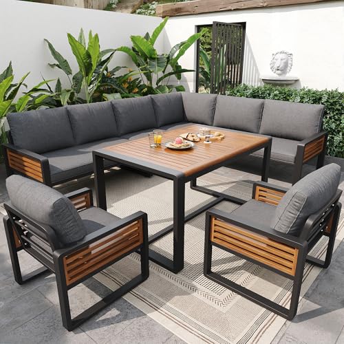 Dolamaní Garten Lounge Set für 8 Personen, Essgruppe Möbel Set Ecksofa mit 2 Sessel, Gartensofa mit Esstisch aus Massivholz, verstellbare Beine, alle Sitz- und Rückenkissen inklusive (Grau)