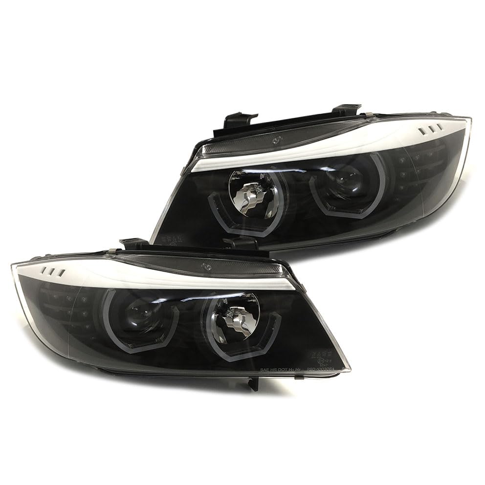 03943 - PHARES NOIRS FEUX ANGEL EYES ANNEAUX LED COMPATIBLE AVEC BMW SERIE 3 E90 & E91 PH2 08-12