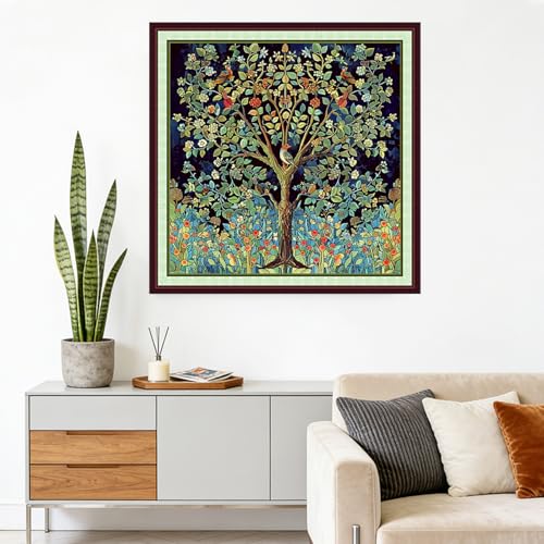 Image of Foxhool Stamped Cross Stitch Kits,11CT Printed Cross Stitch Pattern Full Embroidery Kits for Beginner Needlepoint Kits-Tree of Life Flower 18x18 inchs