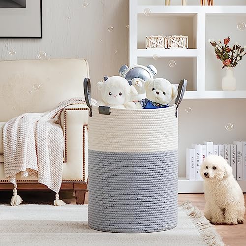 Image of VIPOSCO 100L Tall Woven Rope Laundry Hamper, Leather Handles, Grey & White | Large Wicker Laundry Basket for Dirty Clothes, Blanket, Toy, Towel, Yoga Mat, Storage Bin in Bedroom, Bathroom, Living Room