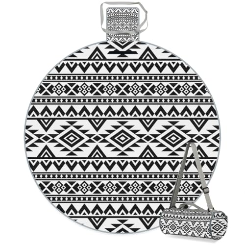 Shimoshe Tribe Ethnic Aztec Geometric Pattern Picnic Outdoor Blanket Foldable Waterproof Sandproof Beach Blanket Portable Water-Resistant Round Picnic Mat for Travel Camping Park Lawn