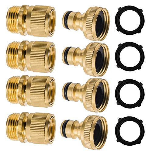 Xiny Tool Garden Hose Quick Connector, Solid Brass Quick Connector and Disconnector 3/4 Inch GHT Male and Female Water Hose Fittings (4 Set)