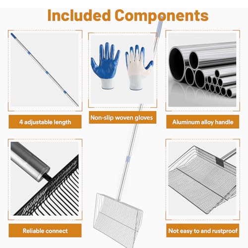 Image of 15 Inch Large Chicken Poop Scooper,4 in 1 Adjustable Chicken Coop Scoop, (25 to 71 inch) Adjustable Stainless Steel Handle Chicken coop Rake and Pair of Non-Slip Gloves, Chicken Coop Accessories