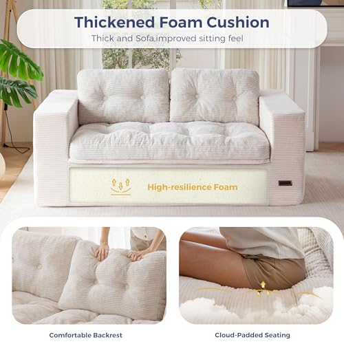 Image of MAXYOYO 63 inch Loveseat Sofa Couch for Small Spaces, Upholstered Boneless Cloud Couch for Apartment Bedroom, 2-Seater Love Seat Floor Modern Sofa with Pillows, No Assembly Required, Beige