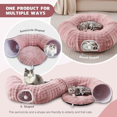 Image of Bubble Cat Tunnel for Indoor Cats, Round Peekaboo Cave Toy with Dangling Balls, Donut Tunnel Bed with Circle Mat for Puppy Kitten Rabbit, Dusty Pink