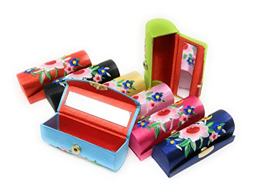 THY COLLECTIBLES Random Assorted Colors Lipstick Case 3pcs Set Lip stick Holder w/Mirror, Satin Silky Fabric With Floral Prints Holds 1pc Standard Lipstick Super Value