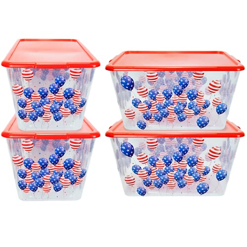 SimplyKleen 14.5-gal. Reusable Stacking Plastic Storage Containers with Lids, Patriotic Balloons (Pack of 4)