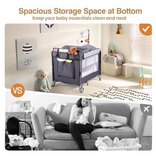 Image of JOYMOR 5-in-1 Pack and Play with Bassinet and Changing Table, Lightweight Travel Crib, Foldable Baby Playard, Waterproof Changing Top, Carry Bag & Wheels