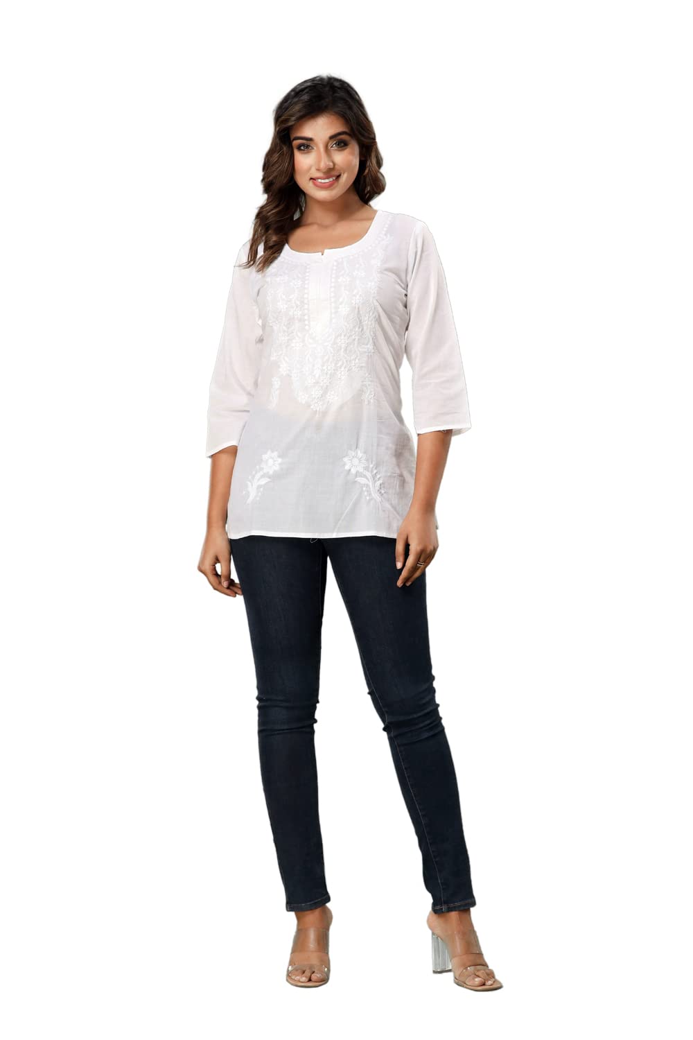 lakhnavi fabrics Lucknowi Chikan Embroidered Short Casual White Kurti for Women-picture-0