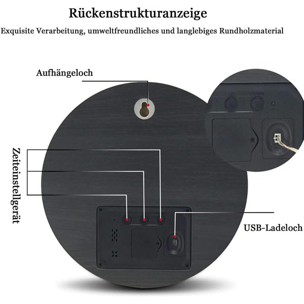 Wanduhr Mit Temperaturanzeige & Digitaler Kalender, Wanddeko, Runden USB Wanduhren Modern Wohnzimmer, Kleine Holz Led Uhr Digital Küchenuhren Intelligent Funk Lautlos Tischuhren Beleuchtet 7.56 Zoll