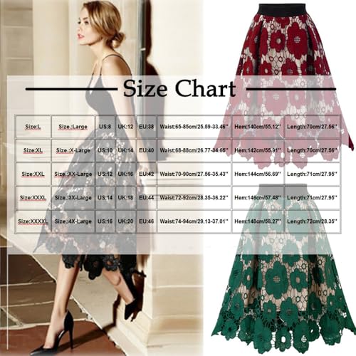 Women High Waist Pleated A-Line Knee Length Lace Midi Skirt Crochet Hollow Out Floral Print Flowy Vintage Skirts3