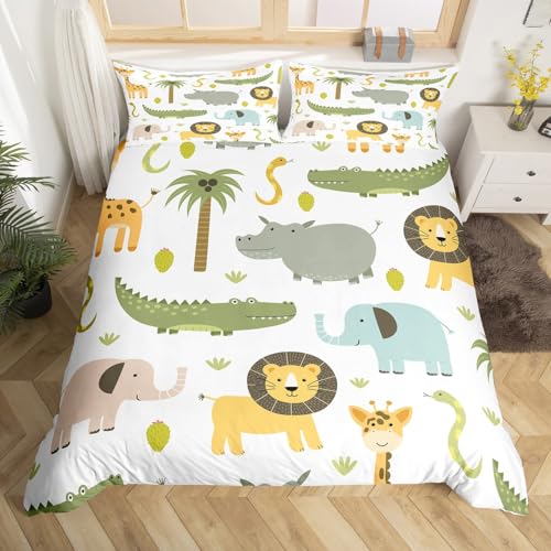 Loussiesd Zoo Tiere Bettwäsche Set 135x200cm Elefant Lion Bettbezug Set Krokodil Nilpferd Druck Bettwäsche Set Botanical Palm Baum… – Ansicht 1