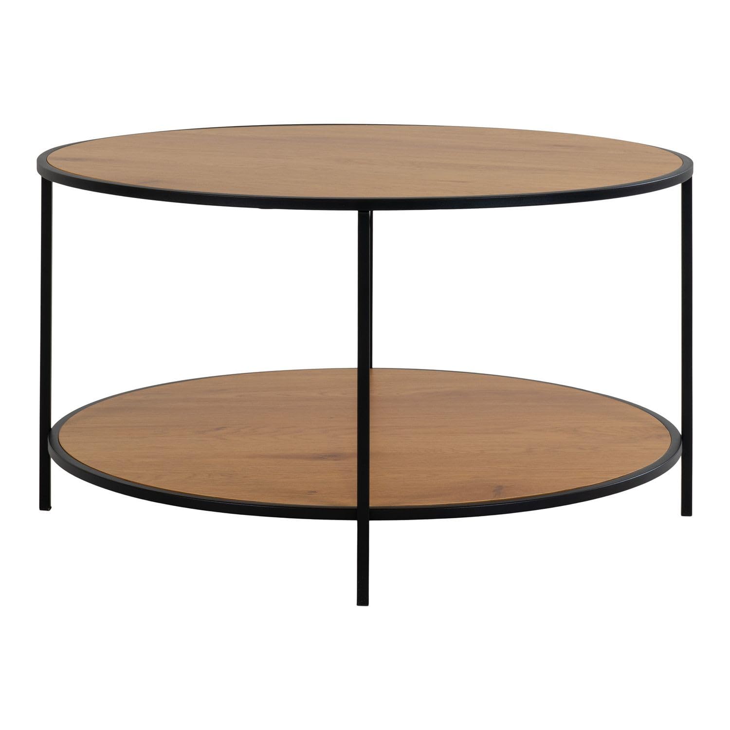 Table basse aspect chêne naturel avec cadre noir robuste design minimaliste Ø80