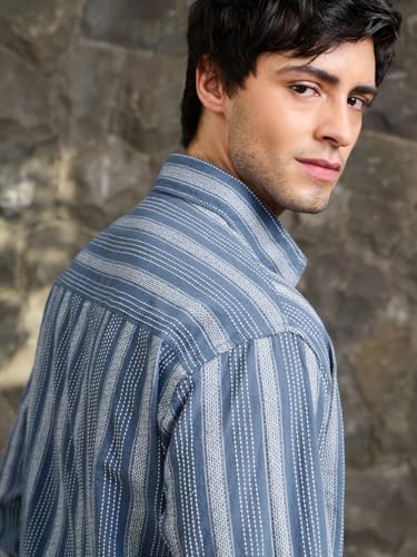 Image of The Souled Store Striped Shirt: Lagoon Men and Boys Long Sleeve Spread Collar Blue Textured Cotton Lightweight Easy to Style Everyday Office Wear Casual Relaxed Shirt