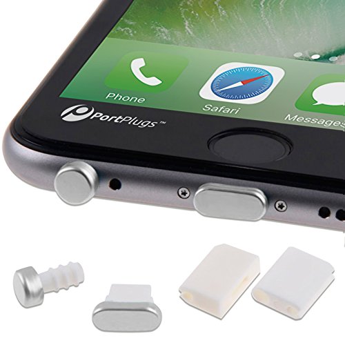 PortPlugs - Aluminum Finish Dust Plug Set - Charger and Headphone Jack Plugs- Compatible iPhone 5, SE, 6, 6s, Plus, iPad Air, iPod 5, 6 – Includes Holders (Silver)