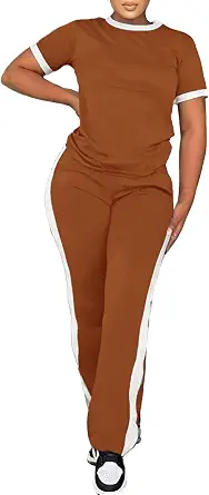 Women's 2 Piece Outfits Short Sleeve Tops Sweatpants Colorblock Bodycon Lounge Sets Tracksuit
