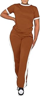 Women's 2 Piece Outfits Short Sleeve Tops Sweatpants Colorblock Bodycon Lounge Sets Tracksuit