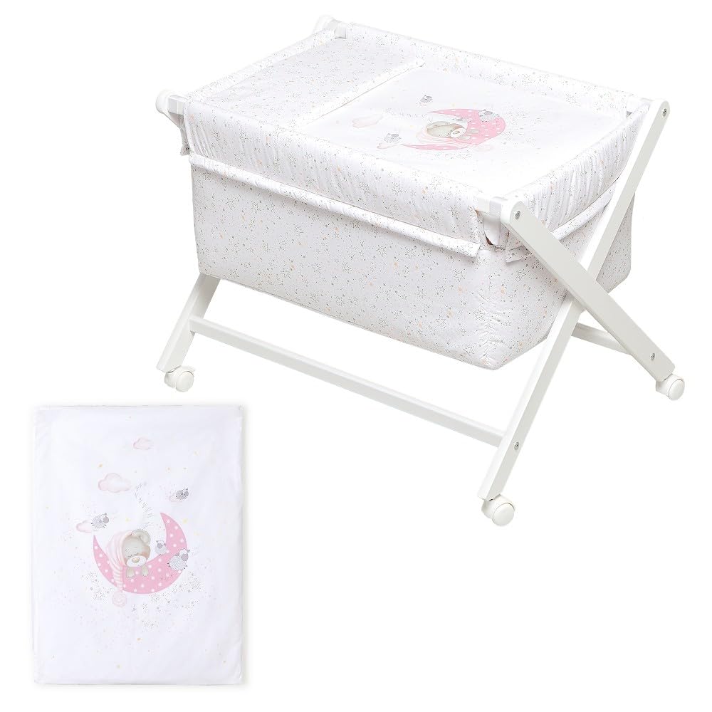Interbaby - Minicuna Plegable Tijera modelo Bear Sleeping - Estructura de madera con Vestidura (Colcha y Almohada Desenfundable) con Colchón.