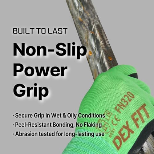 Image of DEX FIT Nitrile Work Gloves FN320, 3D Comfort Stretch Fit, Power Grip, Durable Foam Coated, Thin & Lightweight Premium Nylon, Machine Washable, Green 7 (S) 3 Pairs